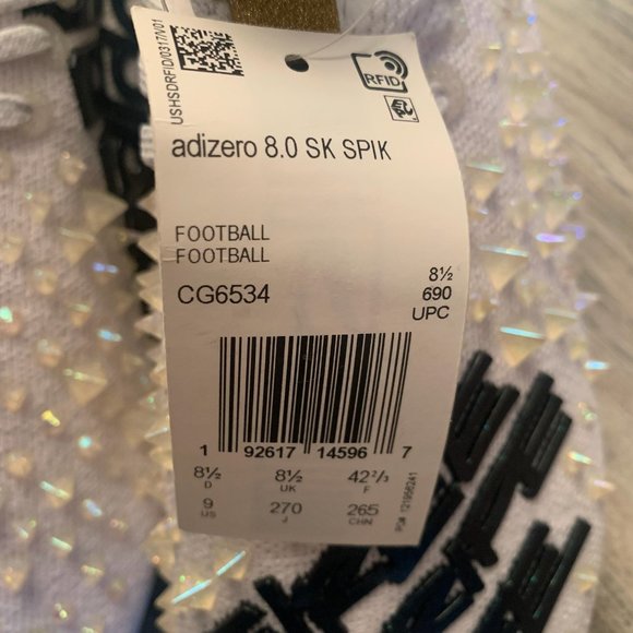 NWT ADIDAS ADIZERO 8.0 SK SPIKES THREE STRIPE LIFE FOOTBALL CLEATS WHITE/GOLD 9‎ main image 6